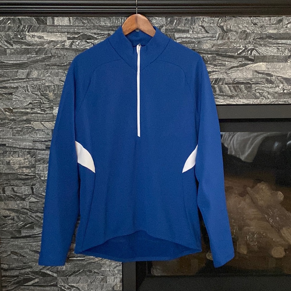 MEC Mountain Equipment Co-op Biking Half Zip Jersey Back Pockets, Blue and White